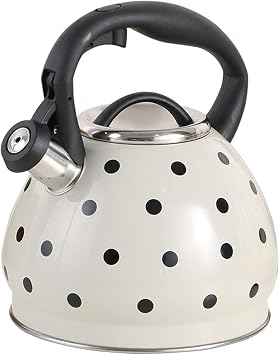 Whistling Tea Kettle for Stove Top, Black and White Polka Dot Tea Pot Stovetop, 3.2 Quart Food Grade 304 Stainless Steel Teapot with Cool Touch Ergonomic Handle for Home & Kitchen