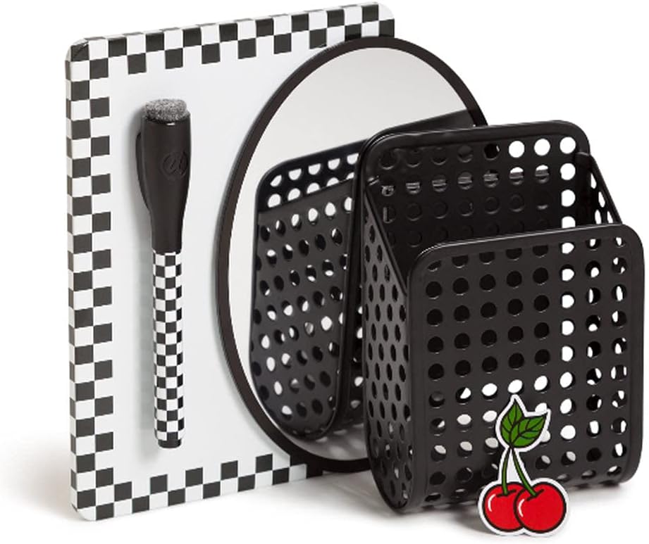 Locker Accessories Kit, Back to School Essentials, 6-Piece Set, Includes Whiteboard, Mirror, Organizing Supplies and 12 Inch Tall Shelf (Black Checked Kit with Shelf)