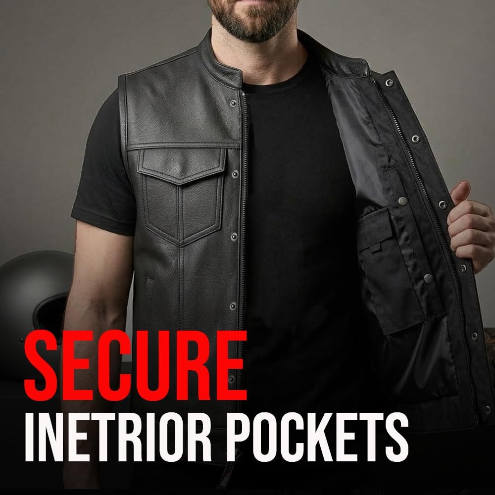 SOA Motorcycle Vest for Men, Premium Buffalo Leather, Back Armor, Inside Pockets, Biker Riding Club Vests, All Season