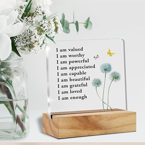 Miniatura 4 de Regalos inspiradores para mujeres y hombres, regalos de salud mental, autoafirmaciones, letrero de acrílico transparente con soporte de madera,