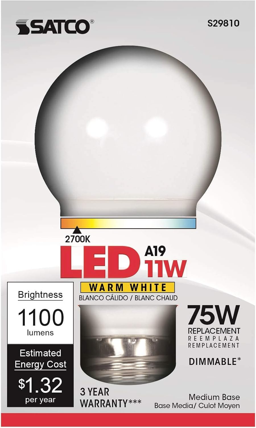 Satco S29810 11 Watt 120 Volt A19 LED Light Bulb; 2700K; 1100 Lumen; E26 Medium Base; 220 deg. Beam Angle; Dimmable (6 LED Light Bulbs)