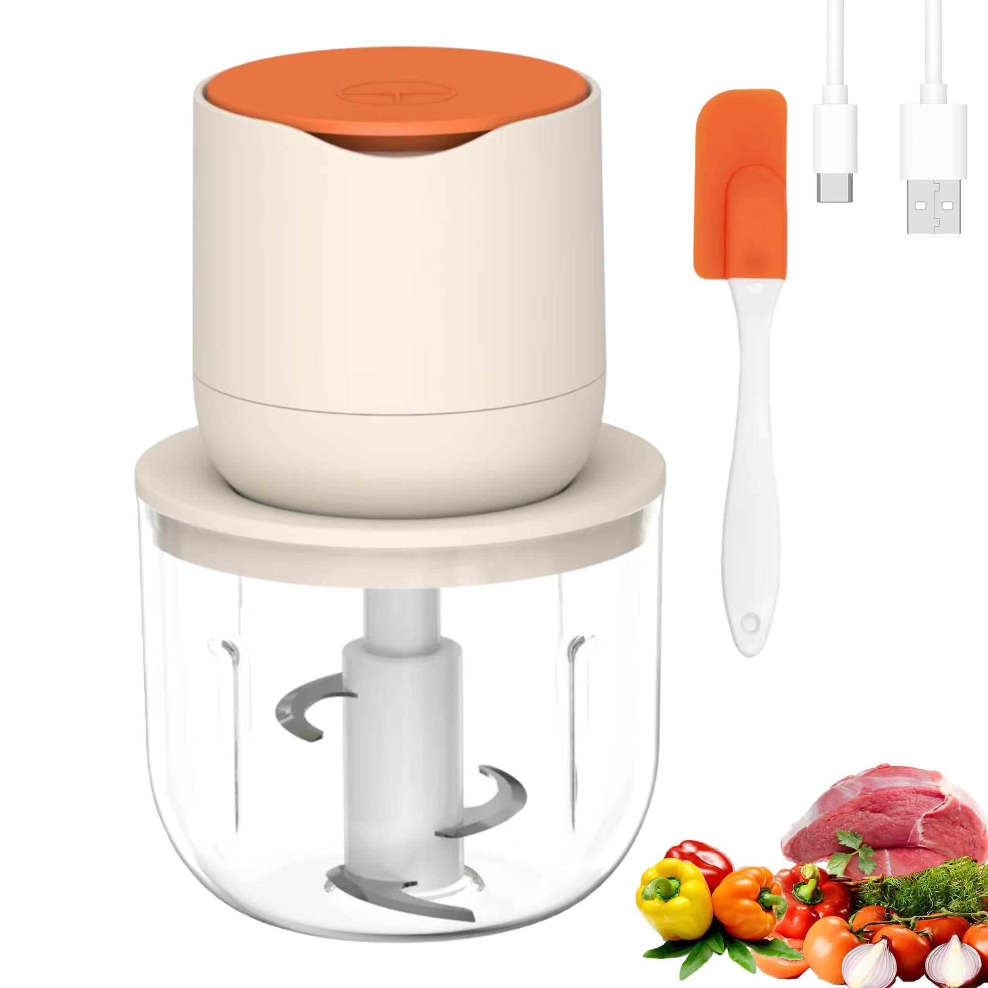 Tritatutto elettrico portatile 600 ml 100 W, 304 acciaio inox 3 coltelli, batteria da 3000 mAh con carica di tipo C, facile da pulire, per la preparazione di carne macinata, salsa d'aglio e