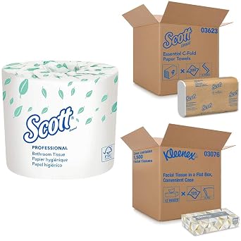 Scott Essential Professional Bulk Toilet Paper for Business 13607 with Scott 03623 C-Fold Paper Towels with Kleenex Professional Facial Tissue for Business 03076