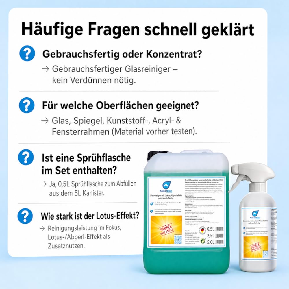 KaiserRein Profi Glasreiniger mit Lotuseffekt Spray 0,5 L Leerflasche + 5 L Kanister & Hahn Fensterreiniger gebrauchsfertig
