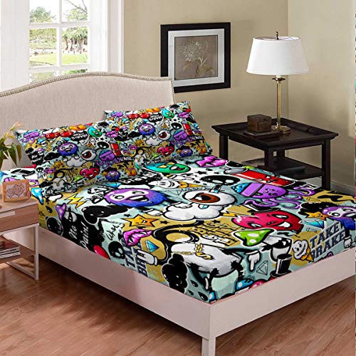 Cartoon Graffiti Sheet Set, Boys Youth Hippie Modern Urban Street Art Hip Hop Style Eyes Jellyfish Lips Bedding Set, Decorative 3 Piece Fitted Sheet With 2 Pillow Shams, Full Size, Red Purple #TOP1