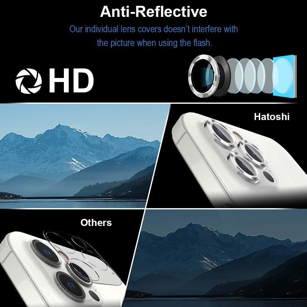 HATOSHI Camera Lens Protector Compatible with iPhone 12 Pro Max, HD Clear Premium 9H Tempered Glass Metal Aluminum Alloy Camera Screen Ring Circle Cover Film - Silver