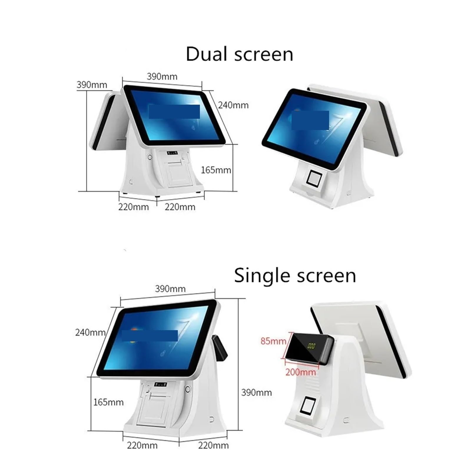 Touchscreen-Registrierkasse, 15,6-Zoll-Touchscreen-LCD-Display, integriertes kleines Kundendisplay, 58-mm-Drucker Für Einzelhandel, Einkaufszentren, Laden-POS-Systeme(Single Screen)