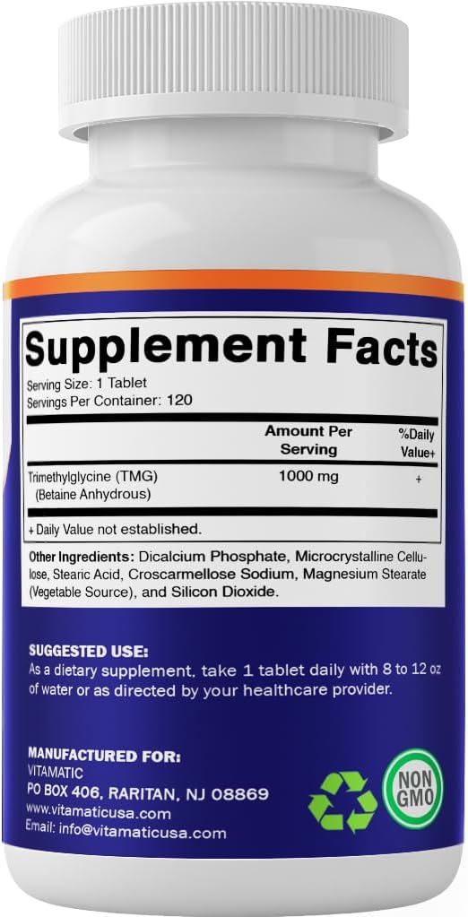 Vitamatic TMG Supplements 1000mg - Trimethylglycine - Betaine Anhydrous - 120 Tablets - 120 Servings - Non-GMO & Gluten Free (3 Bottles)