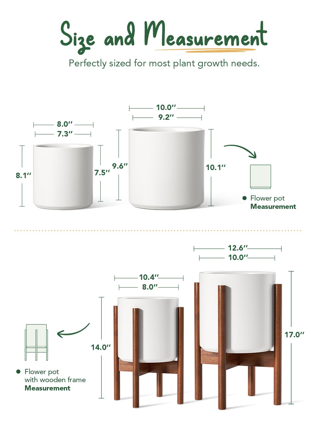LE TAUCI Set Di 2 Fioriere Da Interno In Ceramica Con Supporto In Legno Di Acacia - Vasi Per Piante Con Design Mid-Century Modern (25,4 Cm + 20,3 Cm)