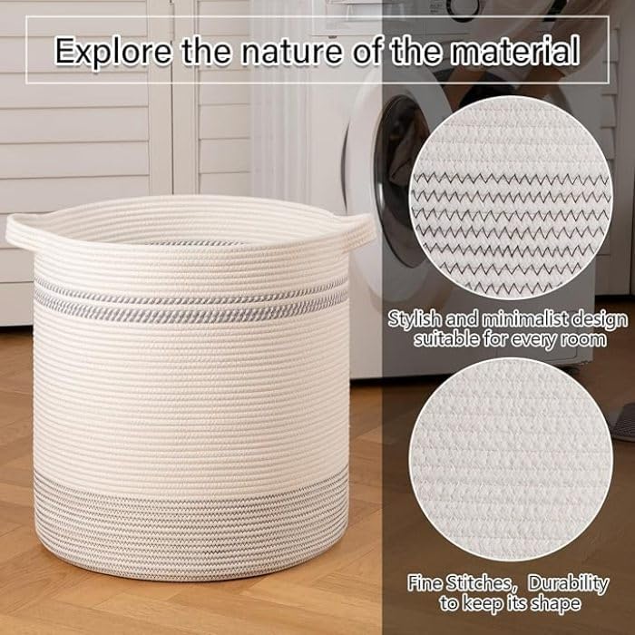 Image of Storage Rope Laundry Hamper Basket for Clothes, Towels and Blankets in Livingroom, Bedroom, Laundry Room and Basket for Nursery Storage (Size - 15 inch x 15 inch x 18 inch) (Grey White Mix)