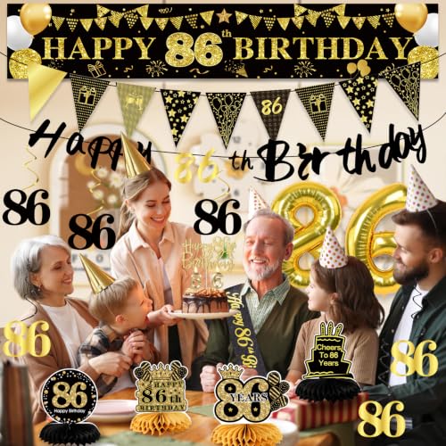 Image of 86th Birthday Decorations for Men, Black Gold 86th Party Decorations