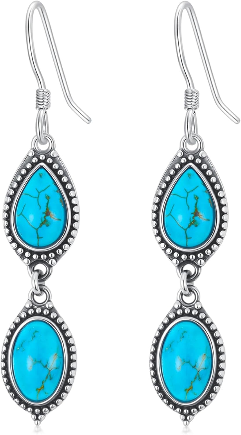 Genuine Turquoise Dangle Teardrop Earrings, Sterling Silver Vintage Native American Western Boho Earrings Jewelry for Women