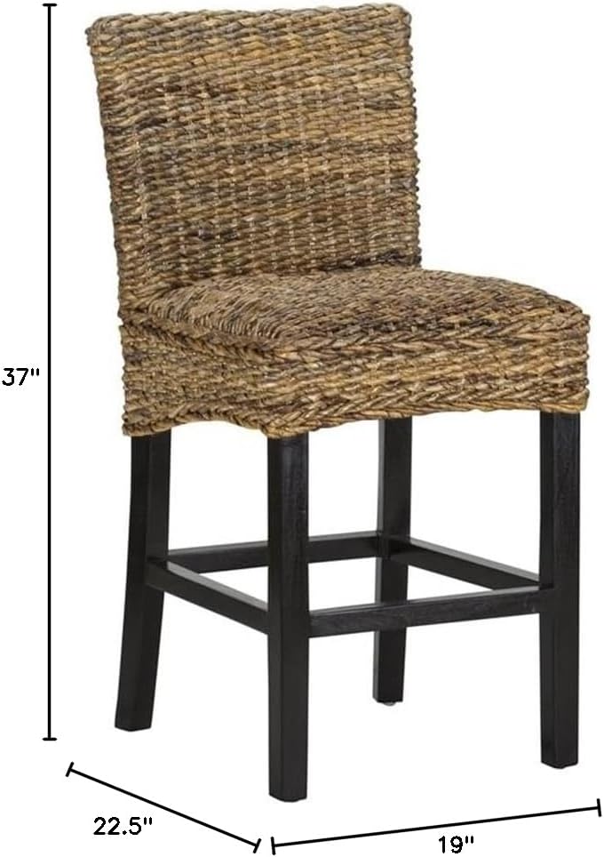 Pemberly Row 24" Rattan and Mahogany Counter Stool, Multi Brown and Black Finish, Handwoven Seat Cushion, Rustic Island Style, Indoor Use, 37" H x 19" W x 22.5" D