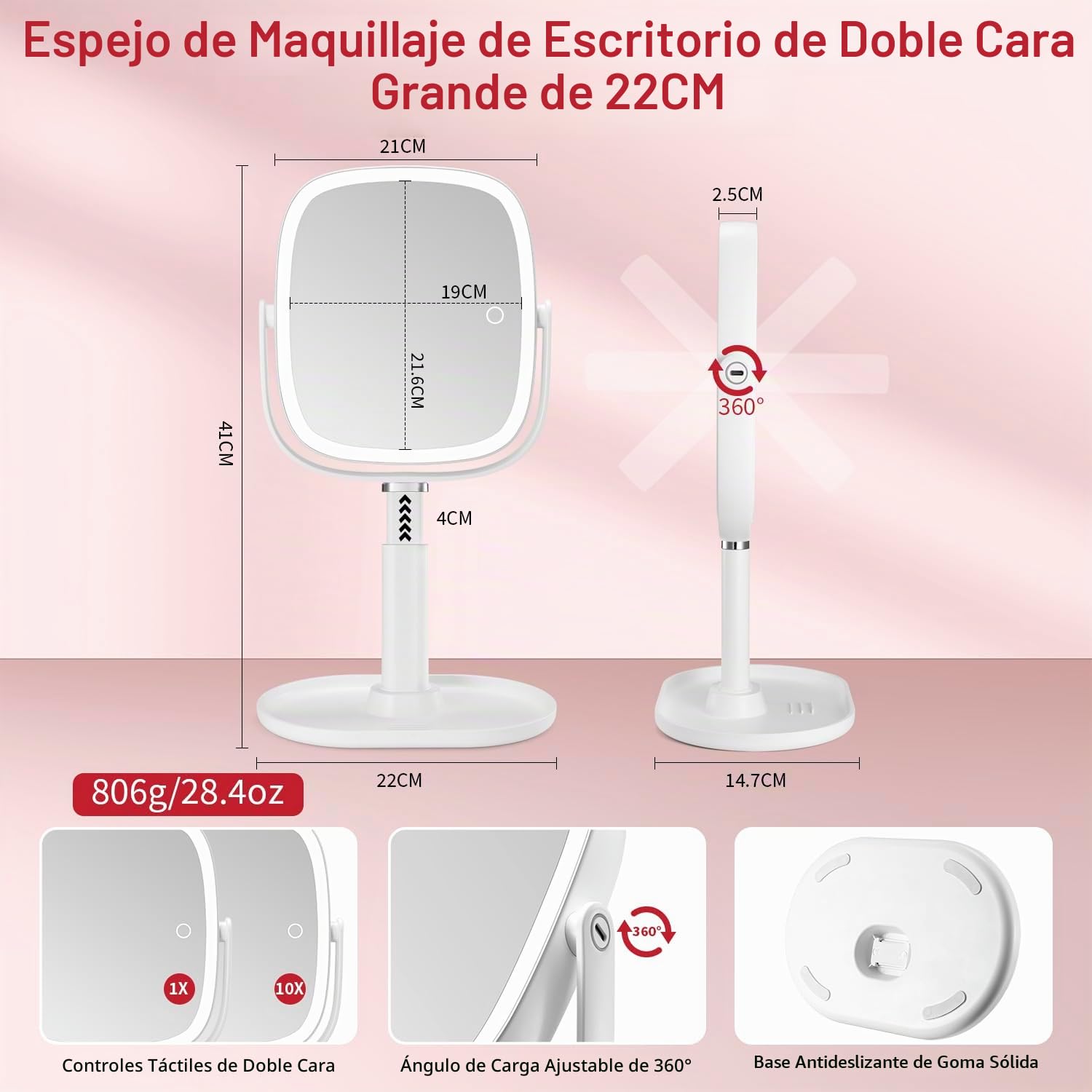 Vanexiss Espejo de maquillaje de aumento con luz, espejo de tocador grande 1X/10X, 3 modos de iluminación de color recargable, soporte ajustable, rotación de 360° y espejo de escritorio desmontable