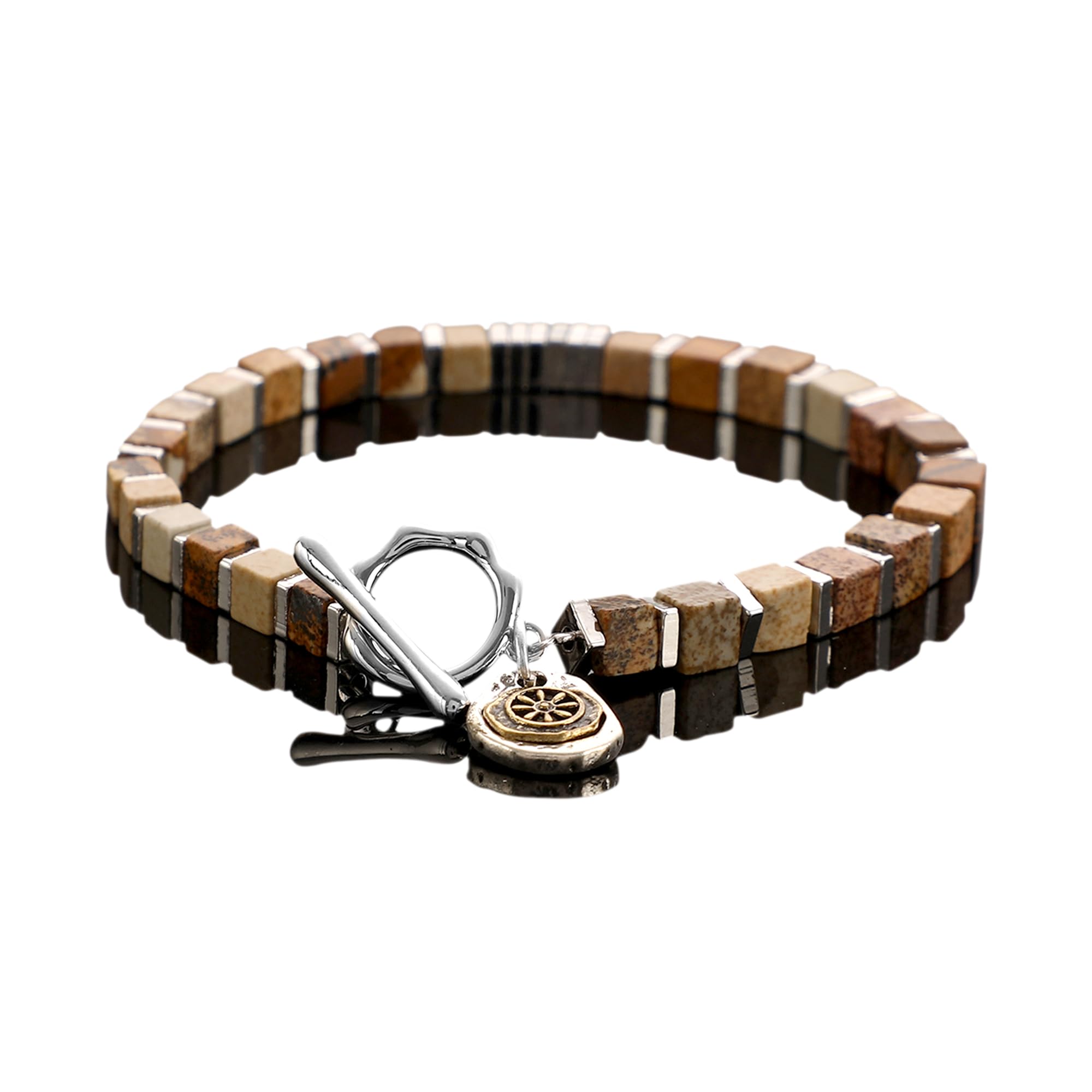 Natural Stone Bracelet for Men Healing Protective Crystal Bracelet With Tiger Eye Stone Daisy Pattern Antique Silver Pendant