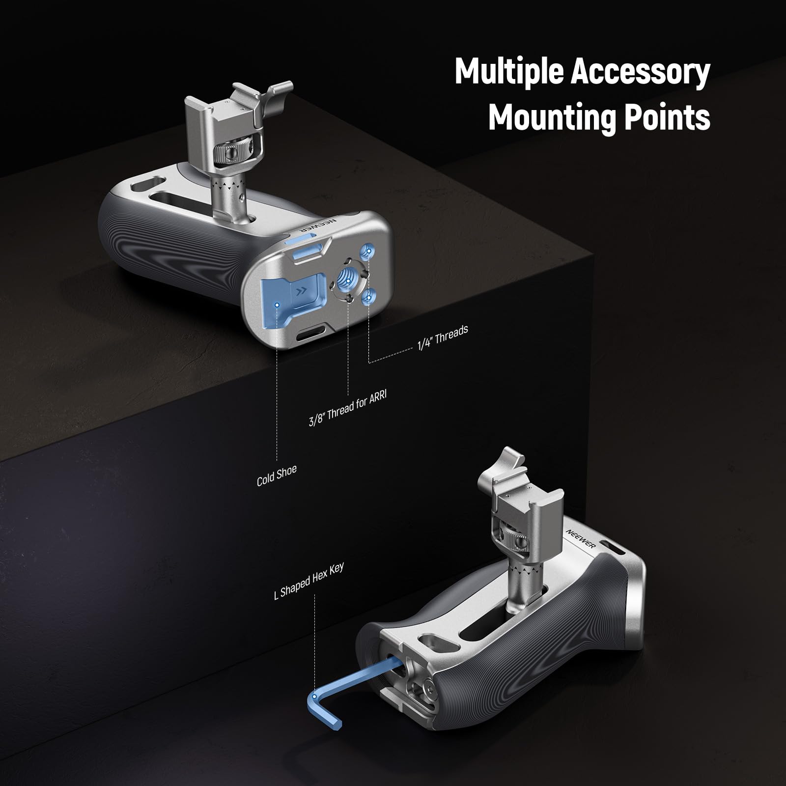 NEEWER Camera Side Handle NATO a Sgancio Rapido, Maniglia Laterale Ergonomica con Morsetto NATO, Presa Antiscivolo, Cold Shoe, Filetto 1/4" e 3/8" per ARRI, Compatibile con SmallRig Camera Cage, CA130