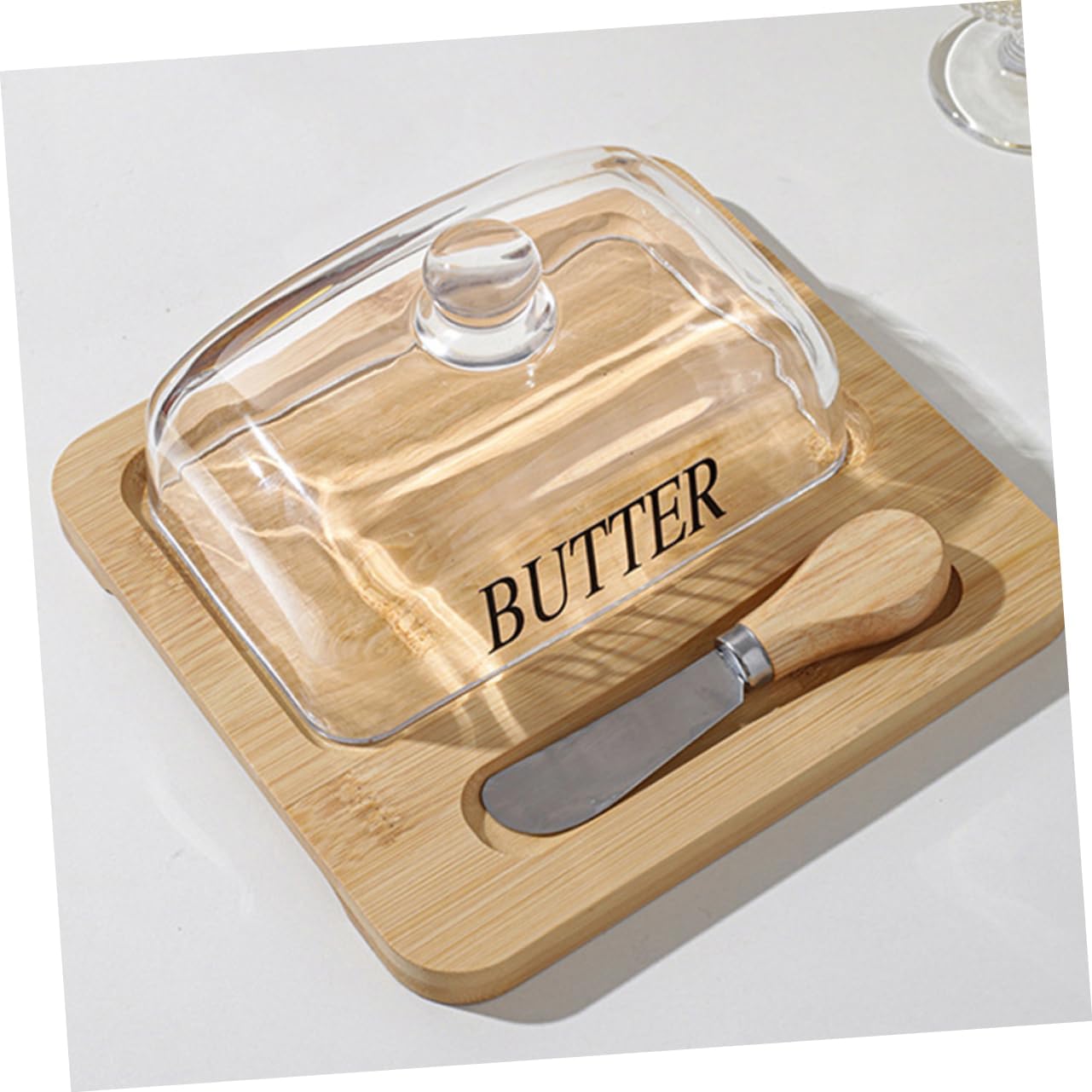 1Set Butter Dish with Lid Wood Tray and Dome Cutter for Food Preservation Butter Container for Refrigerator Keeps Butter Fresh and Spreadable