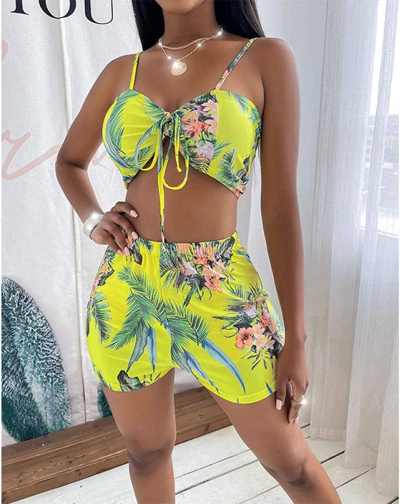 Swimwear Monokini Swimsuit See Bikinis,Three-Piece suitcresses, Floral Fashion Bikini-Yellow_M,Women Soft Swimming Costume