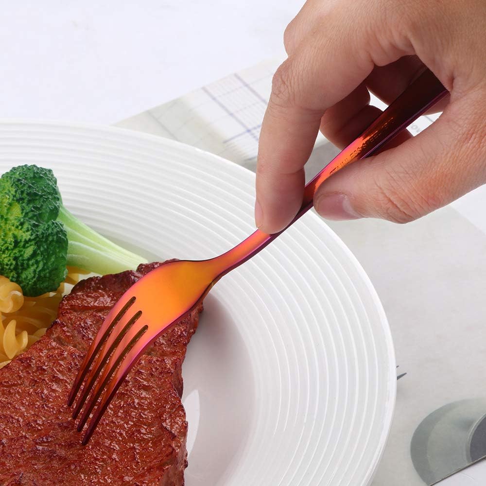 BuyGo 24-Piece Rainbow Red Stainless Steel Dinnerware Set - 6pcs Knife/Fork/Spoon/Tea Spoon Service for 6, Classic Design & Dishwasher Safe