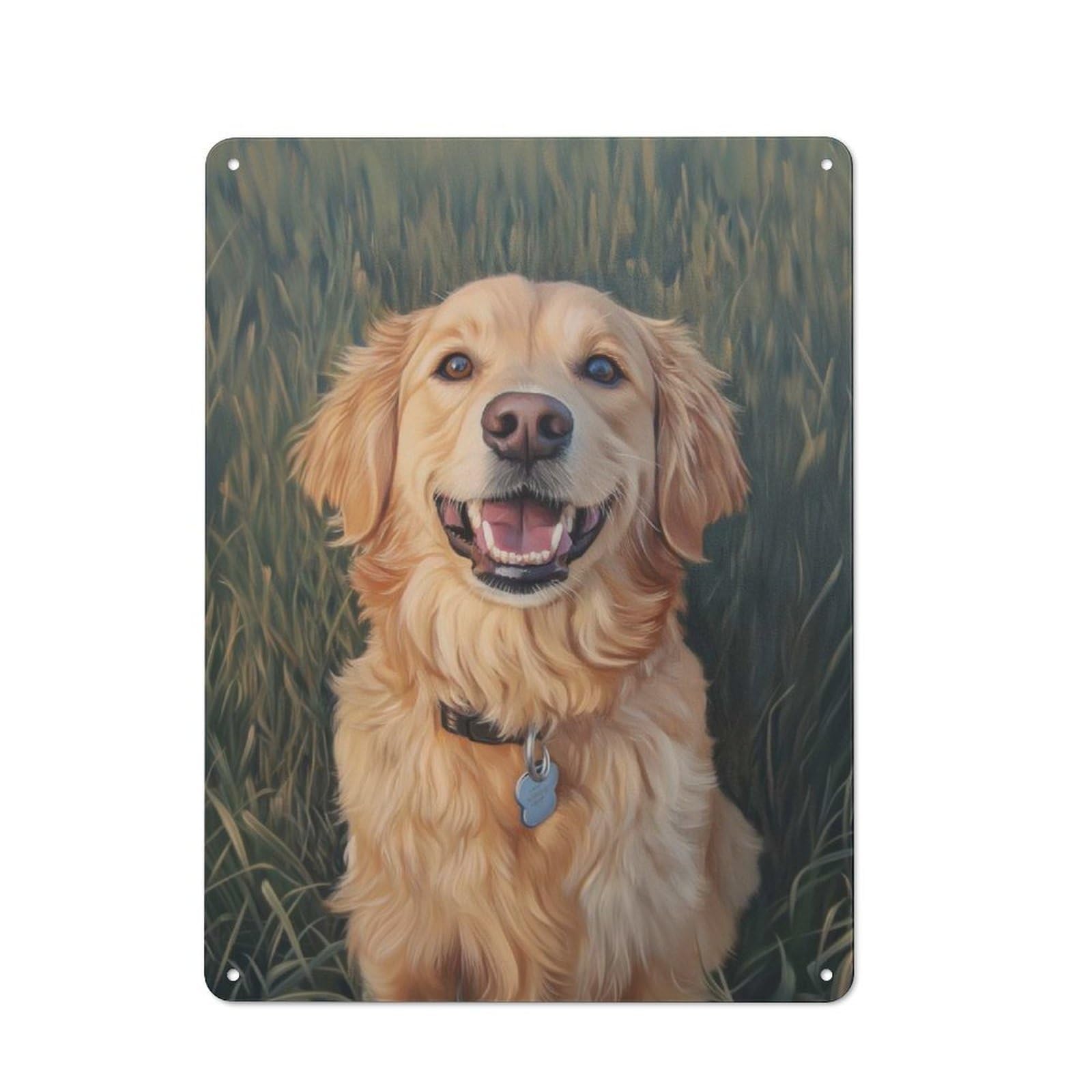 Golden Retriever Portrait in Grassy Field Rustic Metal Plaque 40x30cm for Lounge Or Reading Corner, for Garage, Workshop And Man Cave Decoration
