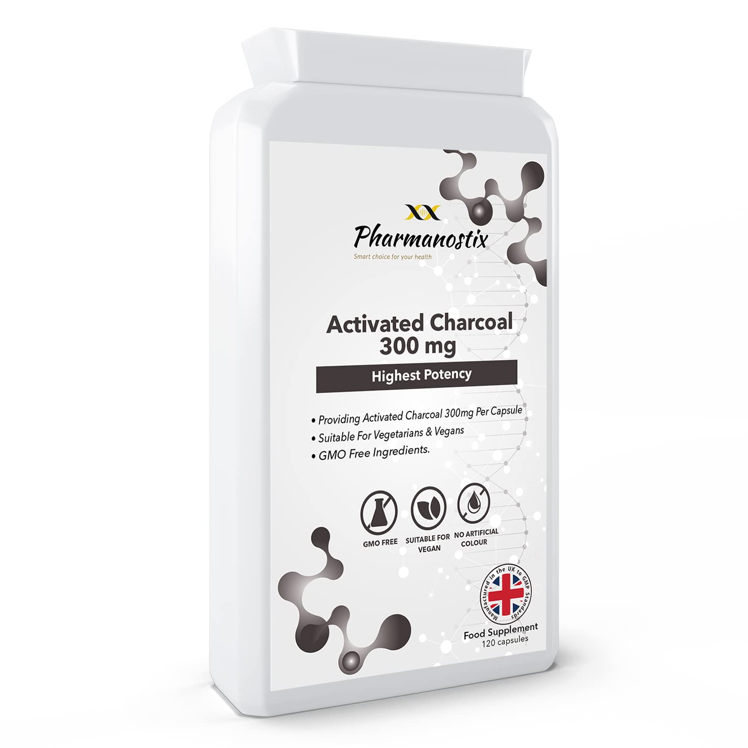 Pharmanostix Activated Charcoal 300mg Vegan 120 Capsules (not Tablets) -Steam Activated from Coconut - Contributes to Reducing Excessive Flatulence - Natural Relief- Keto Friendly - UK Manufactured