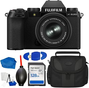 FUJIFILM X-S20 Mirrorless Camera with Fujifilm XC 15-45mm f/3.5-5.6 OIS PZ Lens Black Bundle with 128GB SD Card, Gadget Bag, Cleaning Kit, Card Reader, Dust Blower, Starter Accessories Set