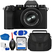 FUJIFILM X-S20 Mirrorless Camera with Fujifilm XC 15-45mm f/3.5-5.6 OIS PZ Lens Black Bundle with 128GB SD Card, Gadget Bag, Cleaning Kit, Card Reader, Dust Blower, Starter Accessories Set