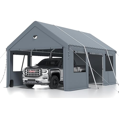 Carports 10X16 Heavy Duty，Portable Car Port Garage，Carport Canopy with Side Doors，Outdoor Car Shelter All Weather,Grey