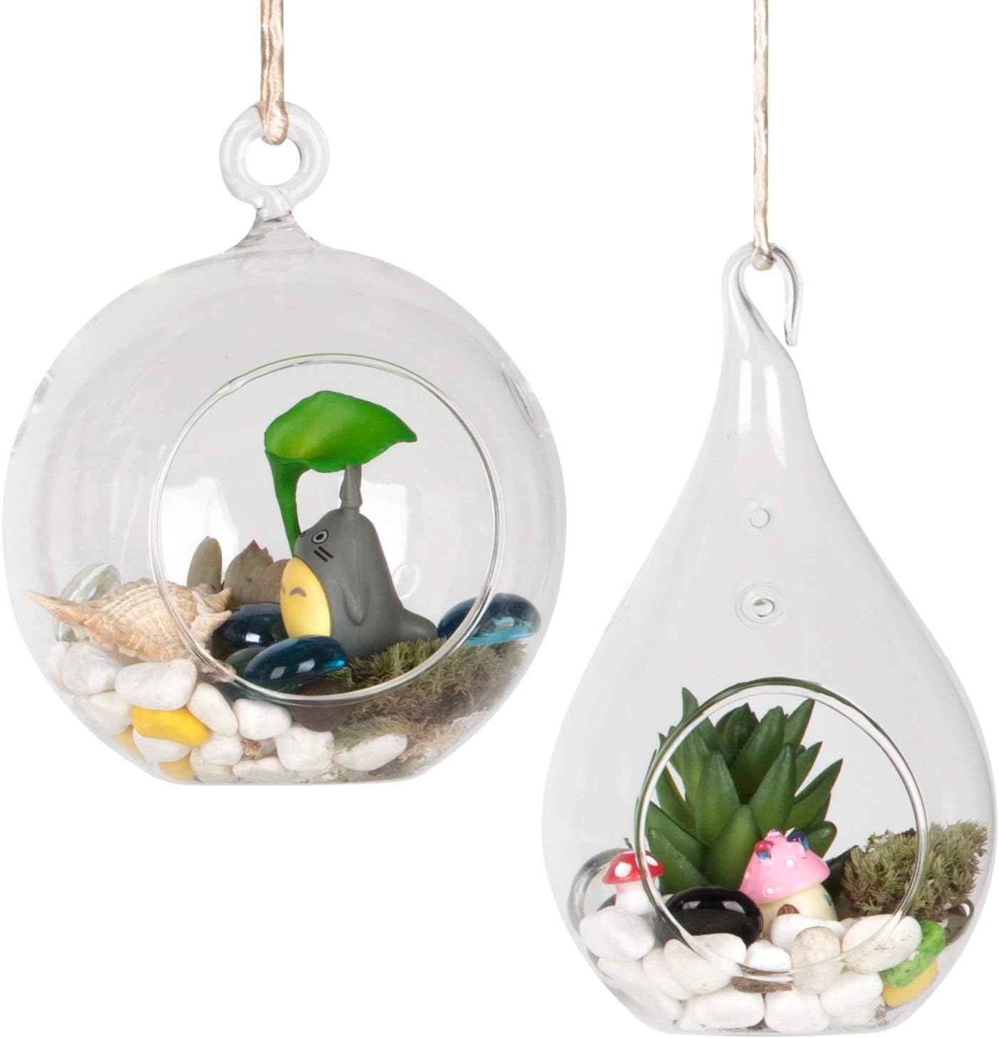WGVI Glass Hanging Planter Air Fern Terrarium,2 Pack of Plants Hanger Vase for Succulent Moss,Tillandsias and Air Plants, Home Decorations,a Set of Globe,Teardrop