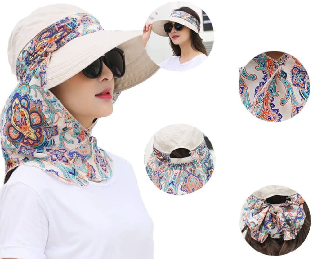 Women Wide Brim Sun Hat Multifunctional Beach Hat Foldable Sun Visor with Removable Neck Flap Bowknot - Image 5