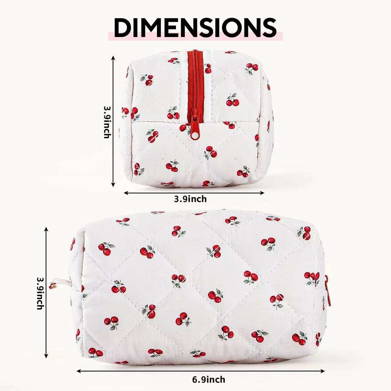 Floral Makeup Bag,Floral Quilted Makeup Pouch,Large Cosmetic Bag,Fashionable Travel Makeup Pouch, Cute Cherry Make up Bag,Puffy Coquette Makeup Bag, Attractive Quilted Make up Bag image 4