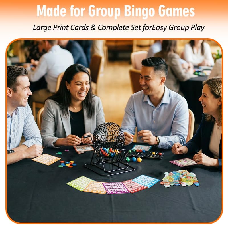 Bingo Game Set with 150 Balls, 8” Metal Bingo Cage with Non-Slip Feet & Storage Bag – Deluxe Bingo Set with 100 Large Print Cards,150 Chips, Master Board for Adults, Seniors & Large Groups
