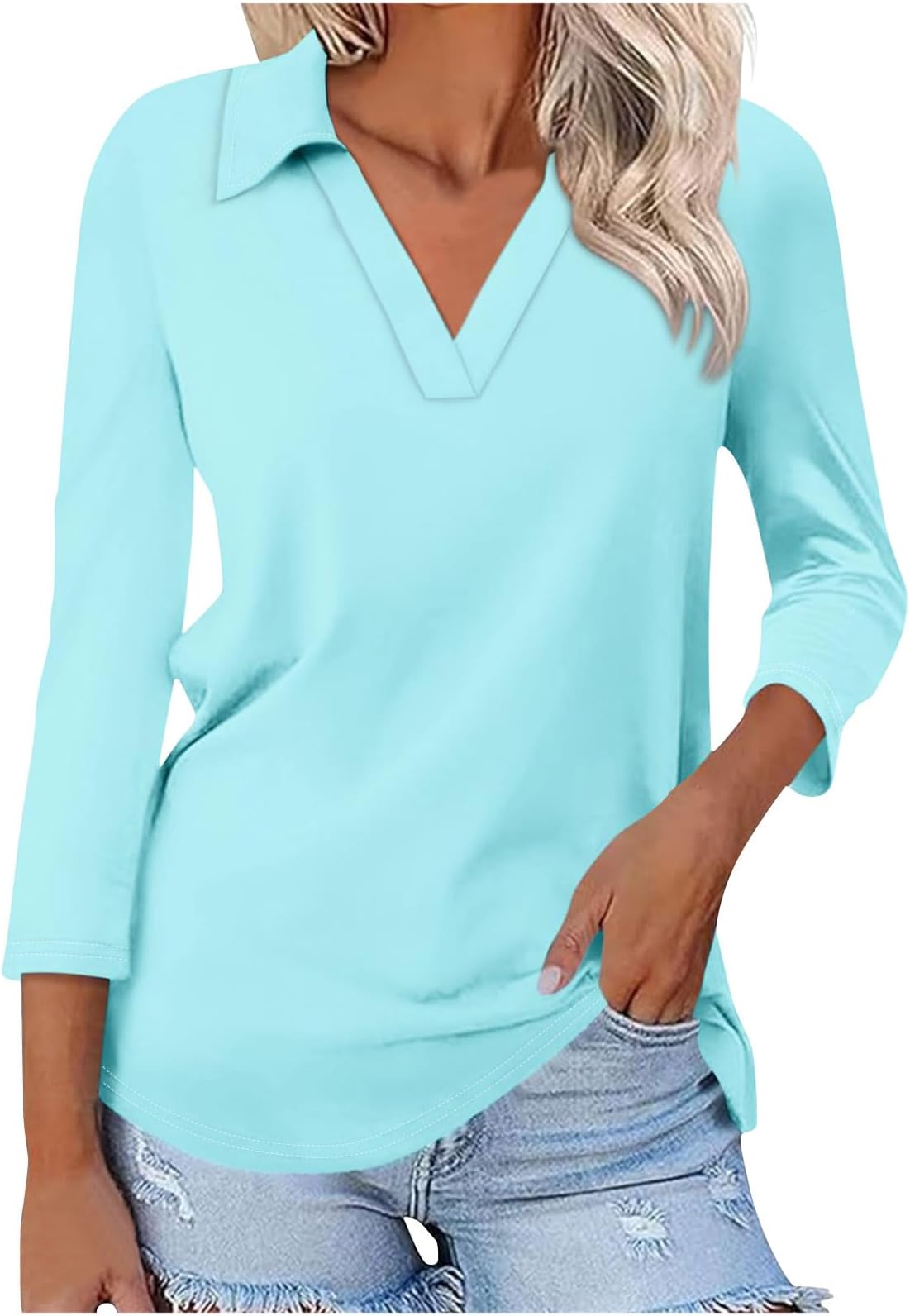 Women Tops Going Out 3/4 Sleeve V Neck Basic Work Business Tees Shirt Summer Causal Fashion Solid Loose Fit Blouses