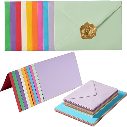 50 Pack A7 Colorful Envelopes with 5x7 Blank Heavy Colored Folded Cardstock and Gold Stickers for Greeting Cards, Wedding, Birthday Party, Baby Showers, Invitations (5x7)