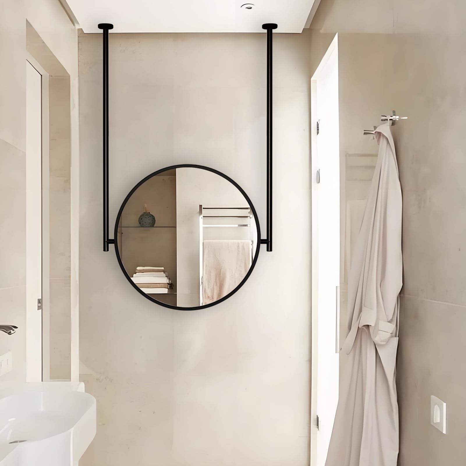 FGXHHS Ceiling Mounted Mirror with Black Frame and Rod, Home or Hotel Bathroom Vanity Makeup Mirror, Modern Entrance Hallway Decorative Mirror(Diameter-40CM/15.7INCH)