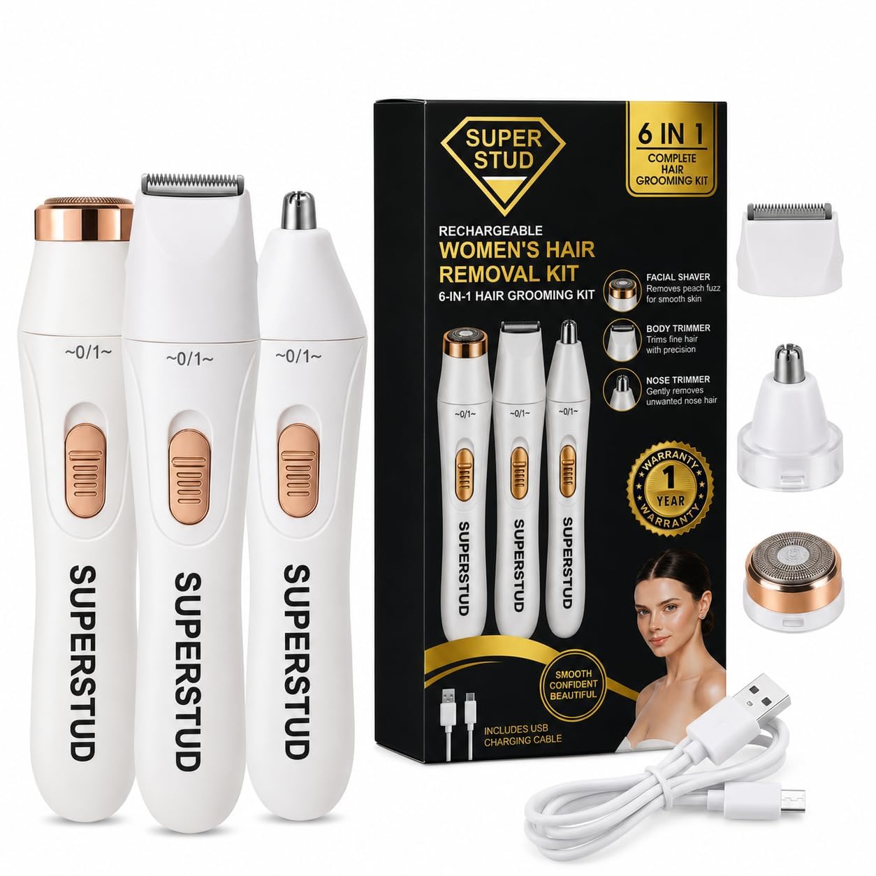 SUPERSTUD 6-in-1 Women Trimmer | Face Hair Remover for Women | Bikini & Eyebrow Trimmer | Rechargeable Hair Removal Machine for Underarms, Nose, Arms, Legs & Intimate Areas | 120 Min Runtime | White-image-18