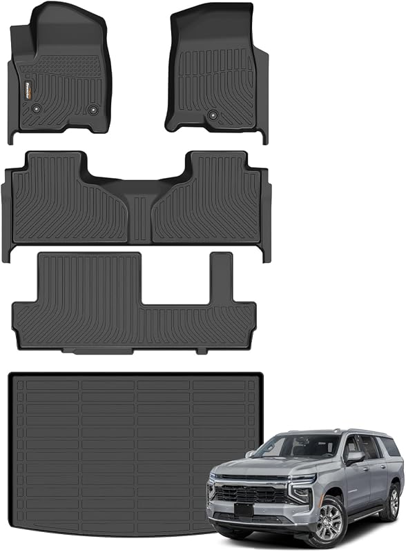 Tapetes Automotivos de TPE para GMC Yukon XL e Chevy Suburban 2021 a 2026, 8 Lugares, Preto, Kit com 4 peças