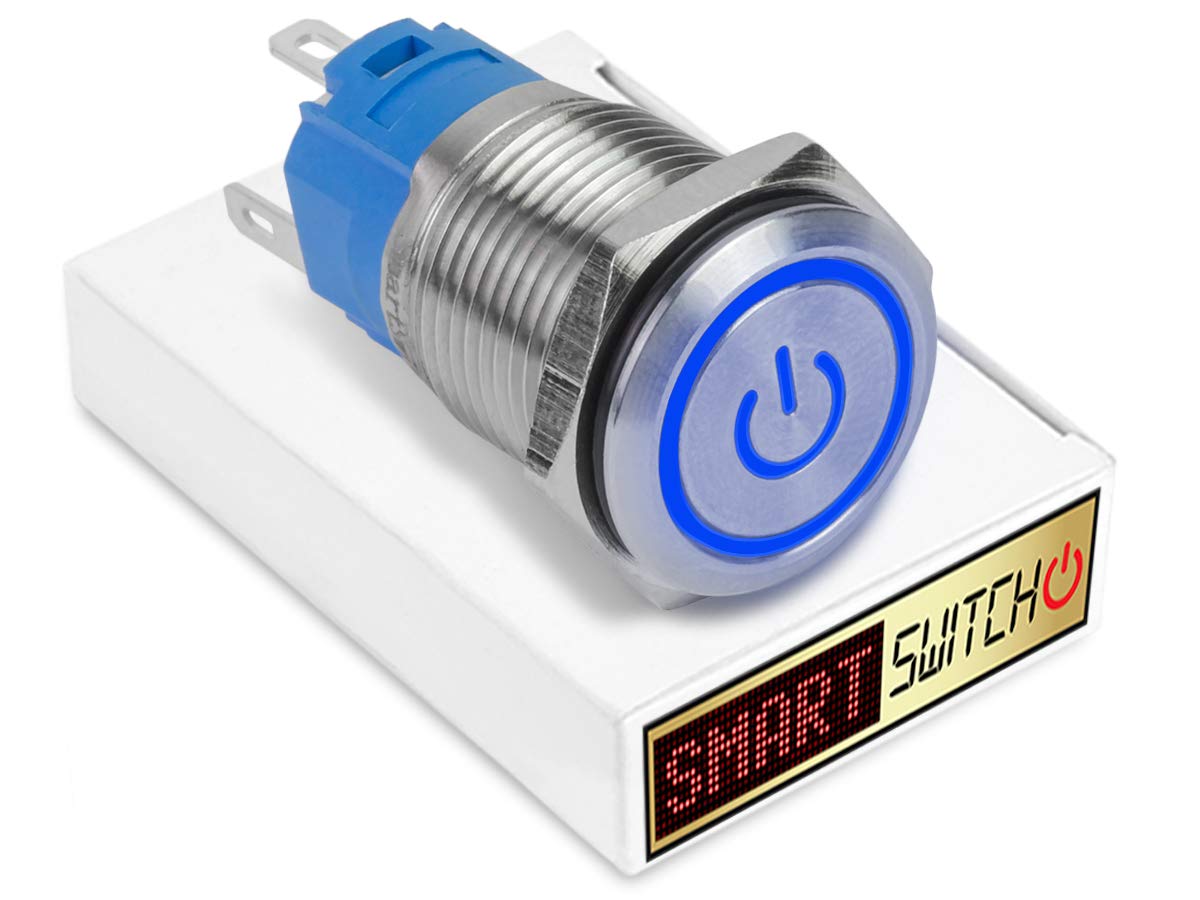 SmartSwitch 19mm Angel Eye Power Stainless Steel Latching SPST Push Button Blue LED Metal Switch AE19