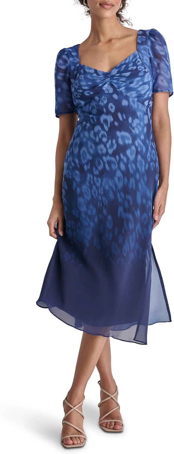 DKNY Women's Short Sleeve Sweetheart Neck Lined Side Slit Midi Dress