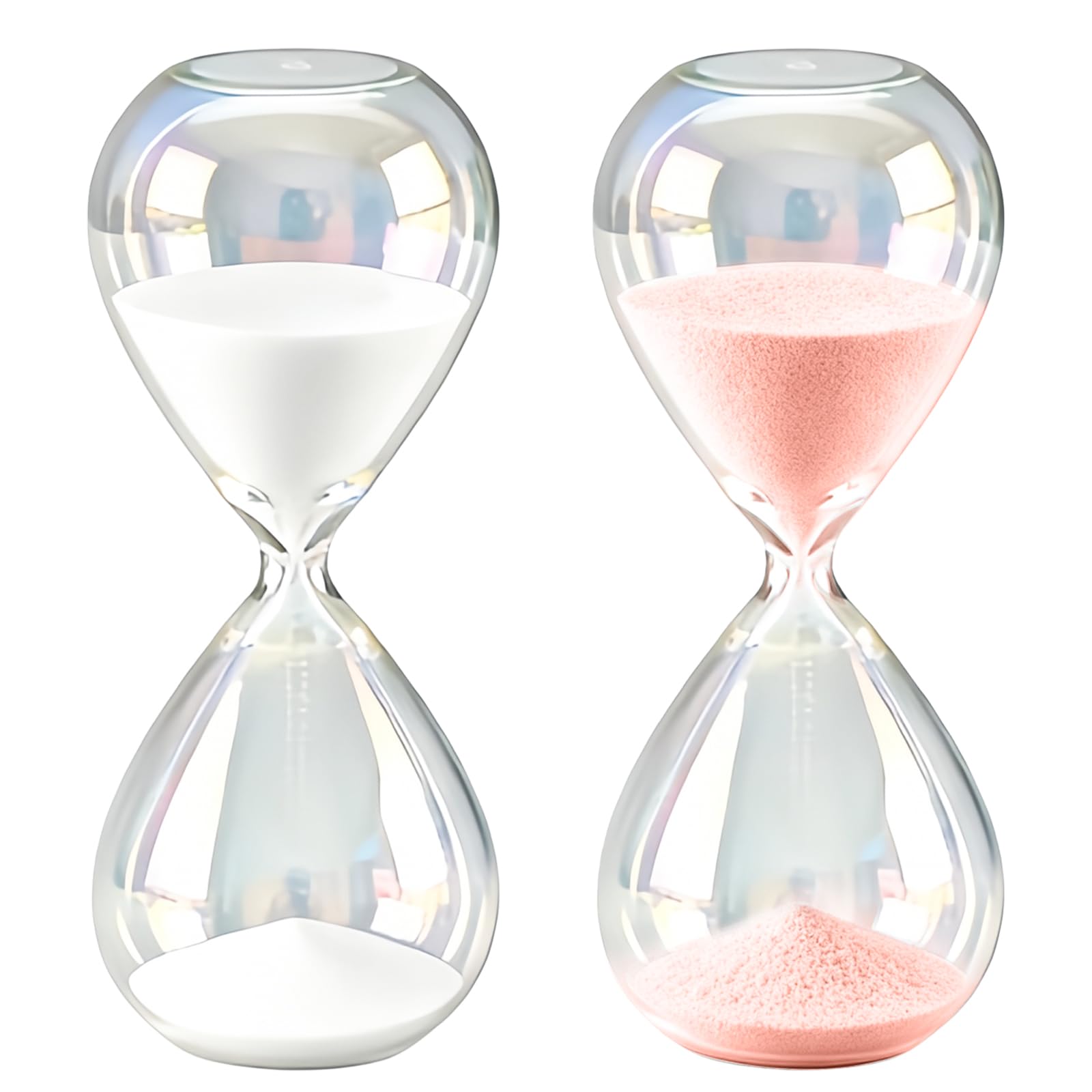 2 clessidra, 30 minuti, clessidre colorate in vetro, sabbia time, grande vetro sabbiato in vetro borosilicato per casa, scrivania, ufficio, 8 x 8 x 20 cm, rosa+bianco