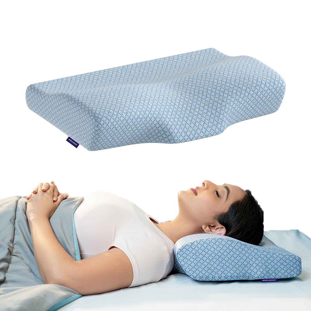 WELLGIVER Cervical Memory Foam Pillow for Neck Pain | 2 Year Warranty | 19 x 11 x 4 Inch Standard | Orthopedic Pillow Spondylitis Neck & Shoulder Pain | Washable Jacquard Blue Cover | Pack of 1