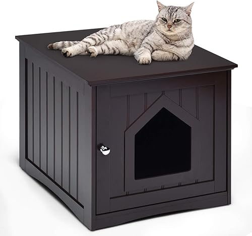 Tangkula Caja de arena para gatos, muebles ocultos, mesita de noche para mascotas con puerta magnética, casa decorativa para gatos, baño interior