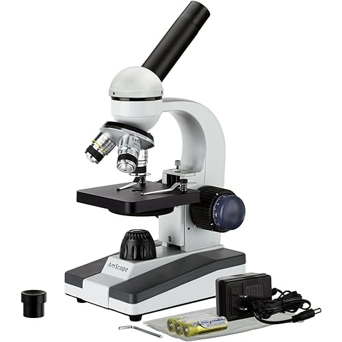 AmScope M150 Series Portable LED Monocular Student Compound Microscope - 40X-1000X Magnification - Microscope Kit Includes Dust Cover, 2 Clips & 2 Eyepieces