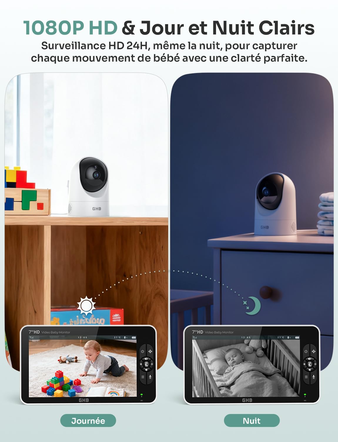 GHB Babyphone Cémera 7" 1080P Caméra Bebe Surveillance 350° Rotation Écran IPS HD Mode VOX 168H Autonomie de la Batterie Audio Bidirectionnel Alerte de Température 8 Berceuses
