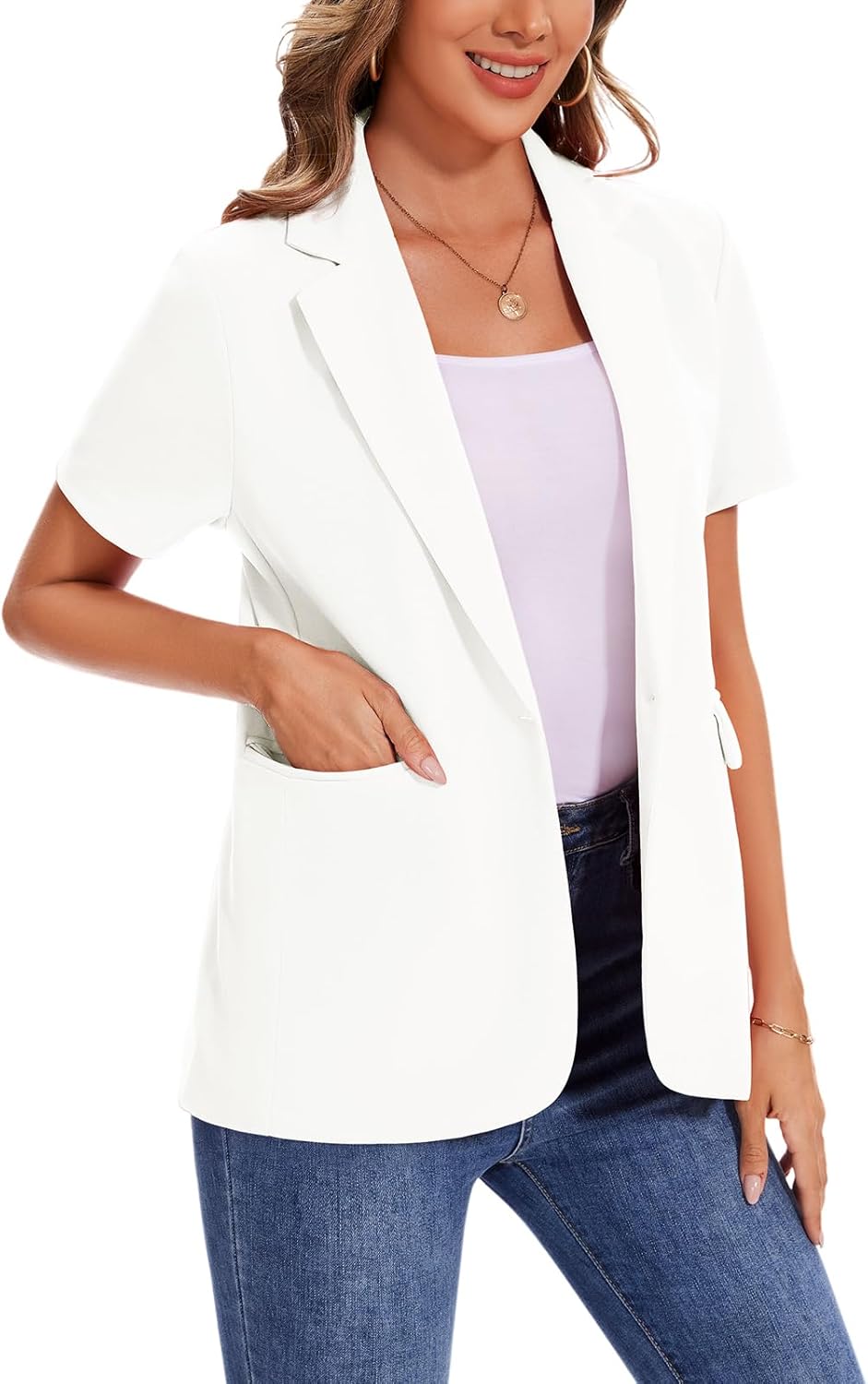 Women Short Sleeve Blazer Lightweight Button Front Business Jacket Notched Lapel Work Office Blazers with Pockets - image 5