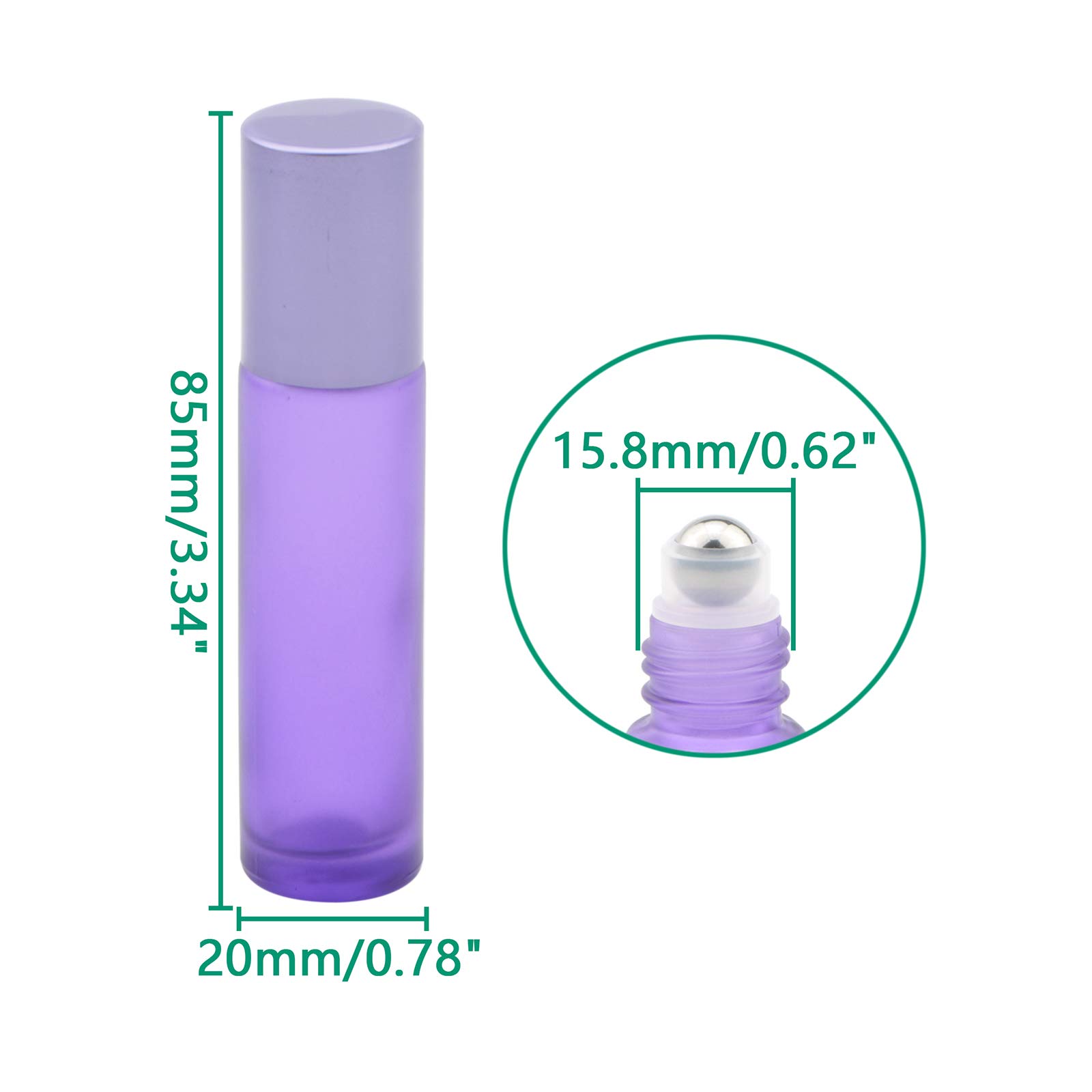 10 bottiglie in vetro smerigliato da 10 ml, a prova di perdite, con sfere in acciaio inossidabile e tappo a vite in alluminio anodizzato per oli di profumo e aromaterapia, Viola