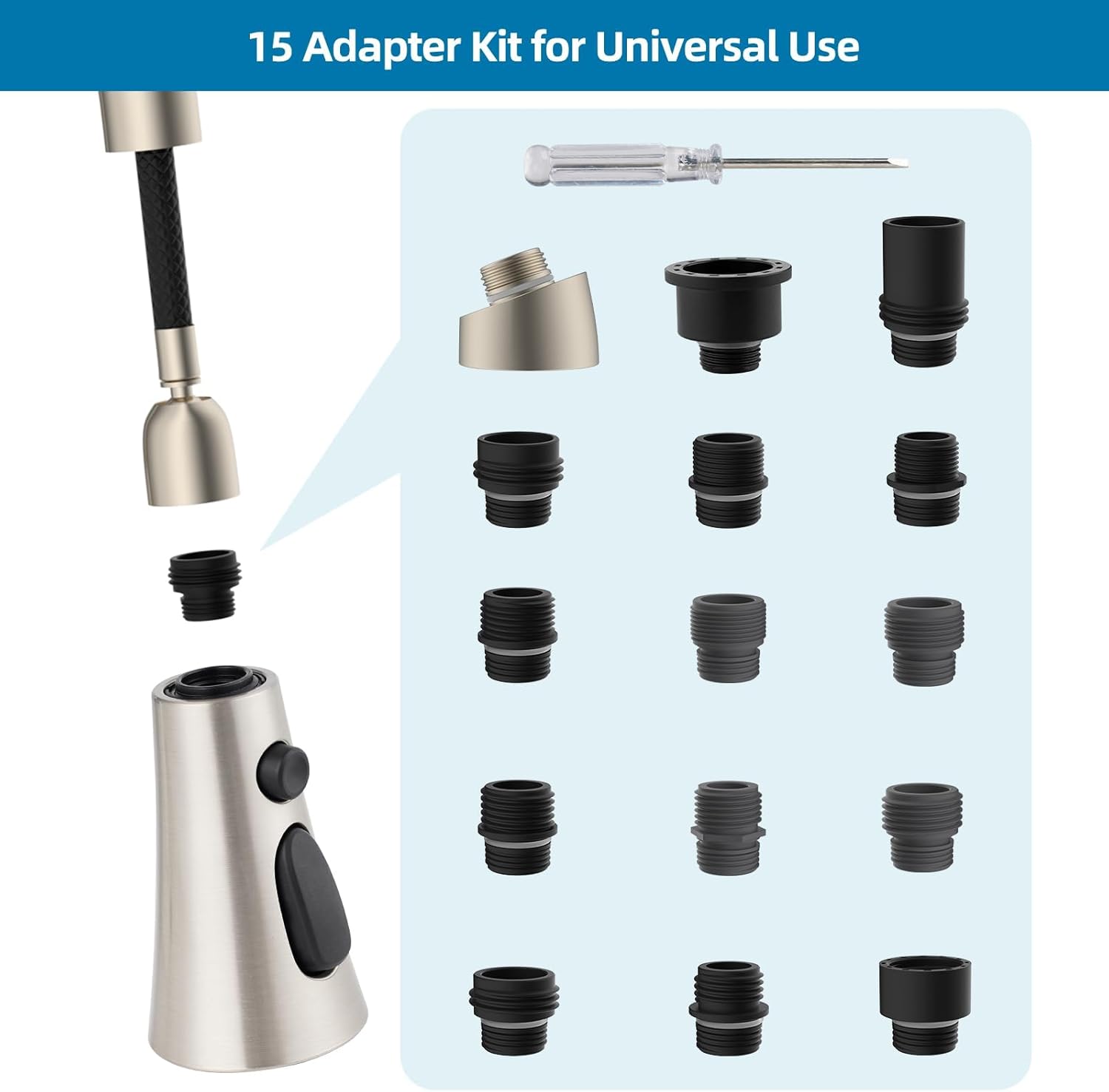 Kitchen Faucet Head Replacement with 15 Adapter Kit Compatible with Kohler/Moen/Delta Faucet, 3 Function Pull Down Sink Faucet Spray Head, Brushed Nickel