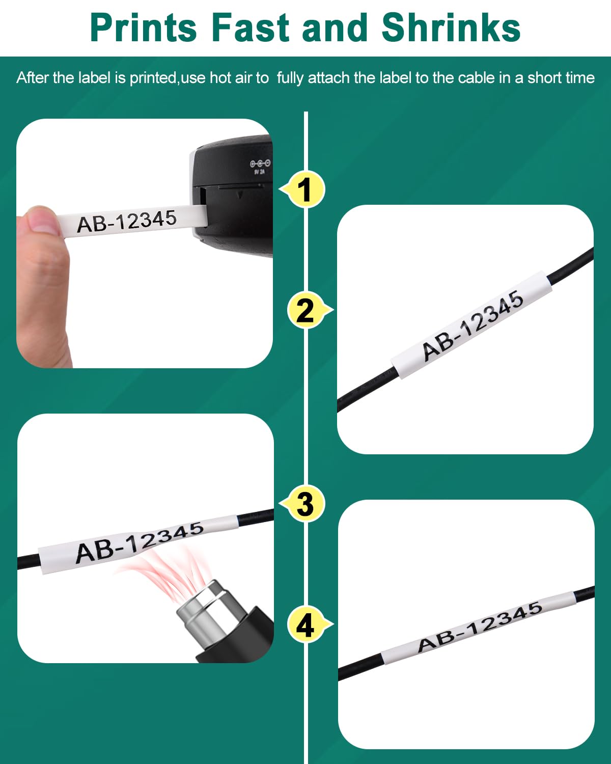 NineLeaf Lot de 3 rubans d'étiquettes thermorétractables de rechange pour Dymo 18055 - Noir sur blanc - 12 mm x 1,5 m - Pour étiqueteuse Rhino 4200 5200 5000 6000