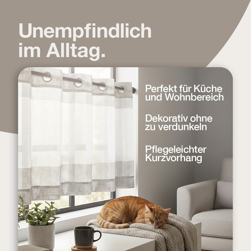 Happy Home 2er-Set Scheibengardine mit Ösen 140x50 cm – Halbtransparenter Vorhang Leinenoptik Grau Weiß – Moderne Bistrogardine für Küche & Bad – Küchengardine Kurz & Waschbar