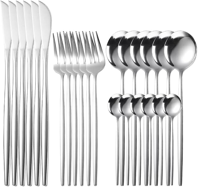 Cutlery Set, 24-Piece Home Safety Stainless Steel Flatware Set, High-Grade Mirror Polishing Silverware Set Service for 6, Includes Knives, Forks, Spoons, for Home and Kitchen with Premium Box